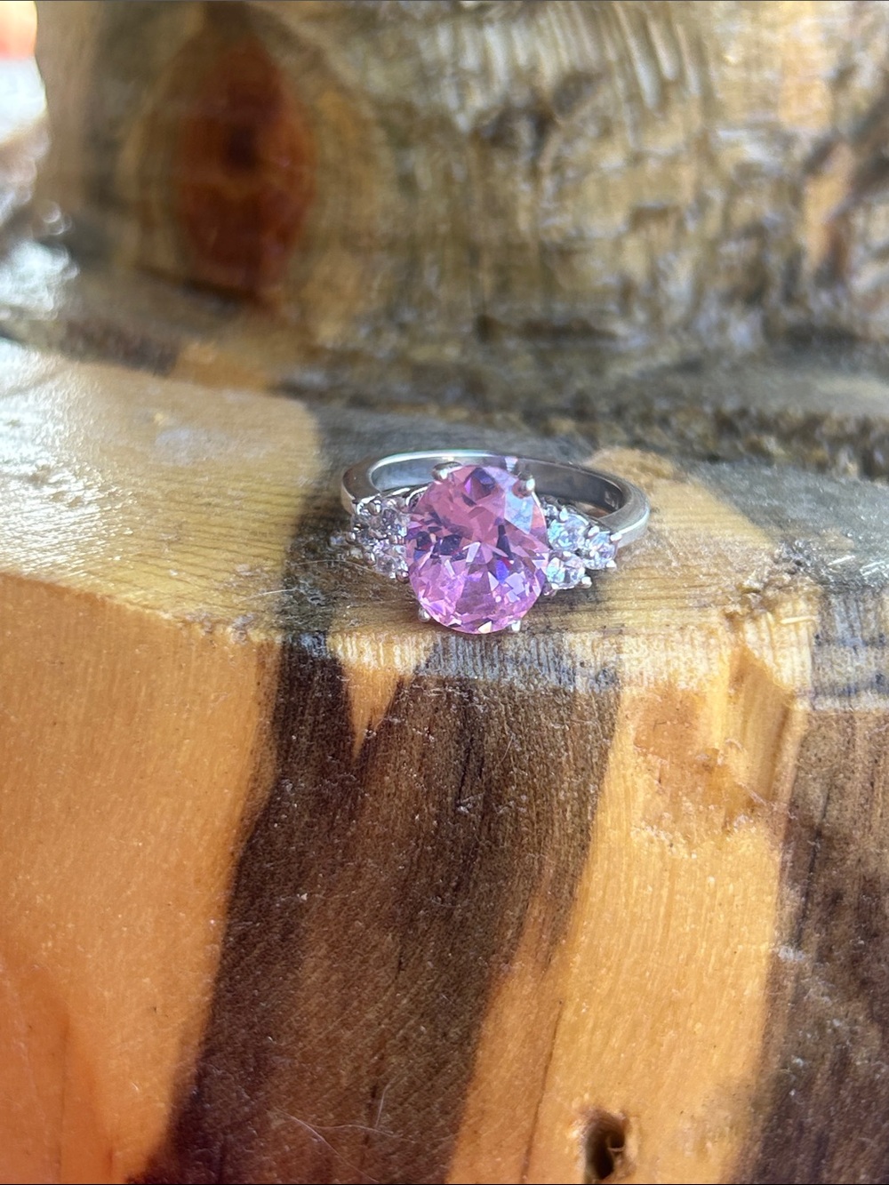 925 Silver Ring with Pink Cubic Zirconia Stone and Side CZ Accents